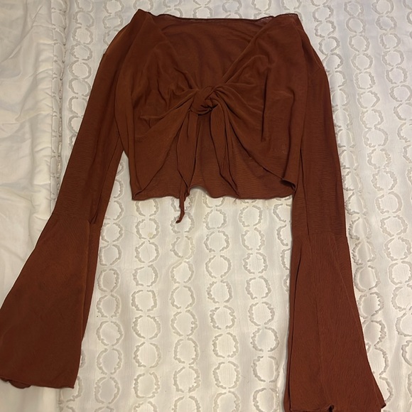Trendy and tipsy burnt orange bell sleeve tie top - Picture 2 of 2